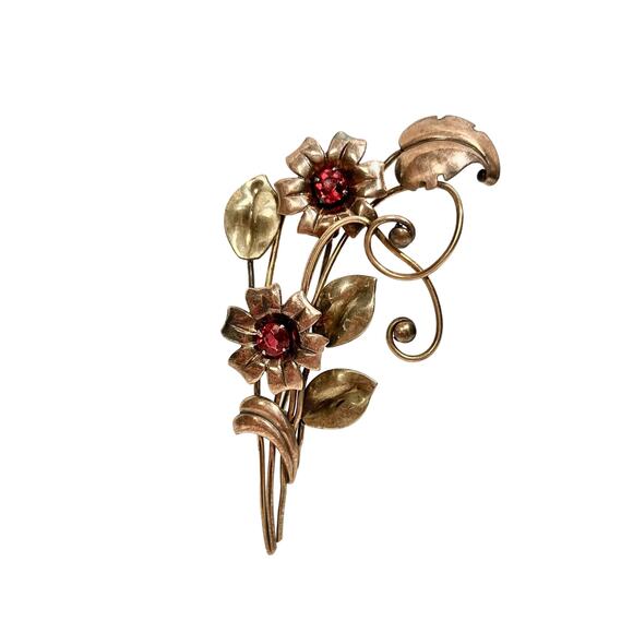 Signed Harry Iskin 1/20 10K Gold Filled Flower Bouquet Brooch, Red Glass Stones - Picture 1 of 8